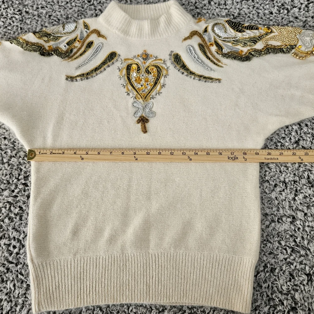 Vintage Cedars Angora Silk Wool Sweater Small Embellished 80s 90s Off White Gold - Picture 11 of 14